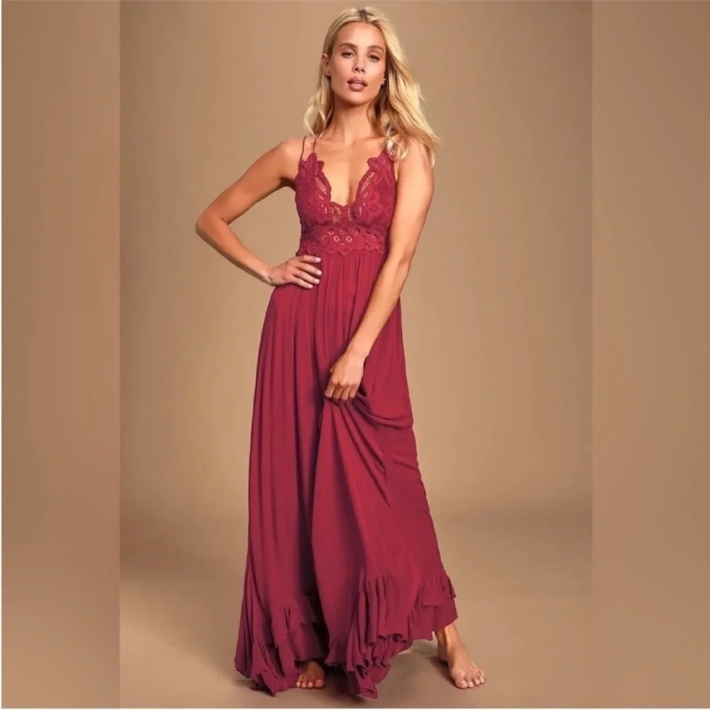 Free People Adella Elegant Maroon Lace Maxi Dress Small